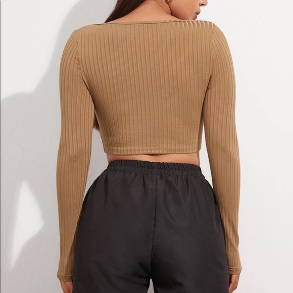 SHEIN Beige Cropped Ribbed Knit Long Sleeve Top M New - Picture 3 of 12